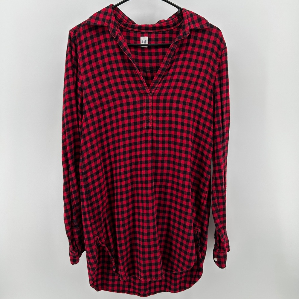 GAP Red Black Buffalo Check Plaid Flannel Tunic Popover Oversized Shirt Sm Tall